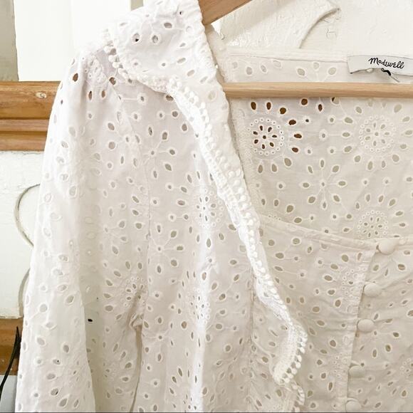 Madewell White Eyelet 100% Cotton Long Sleeve Pom Pom Blouse Size S - Picture 3 of 7